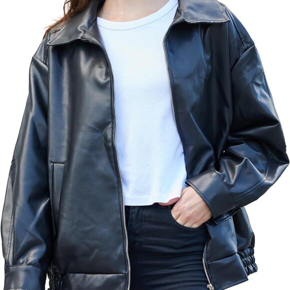 Womens Oversized Faux Leather Motocycle Jacket Zip Up Outwear Coat with Pockets - Picture 2 of 4